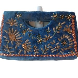 MOYNA Electric Blue Velvet Clutch Gold Beaded Embroidered Detail